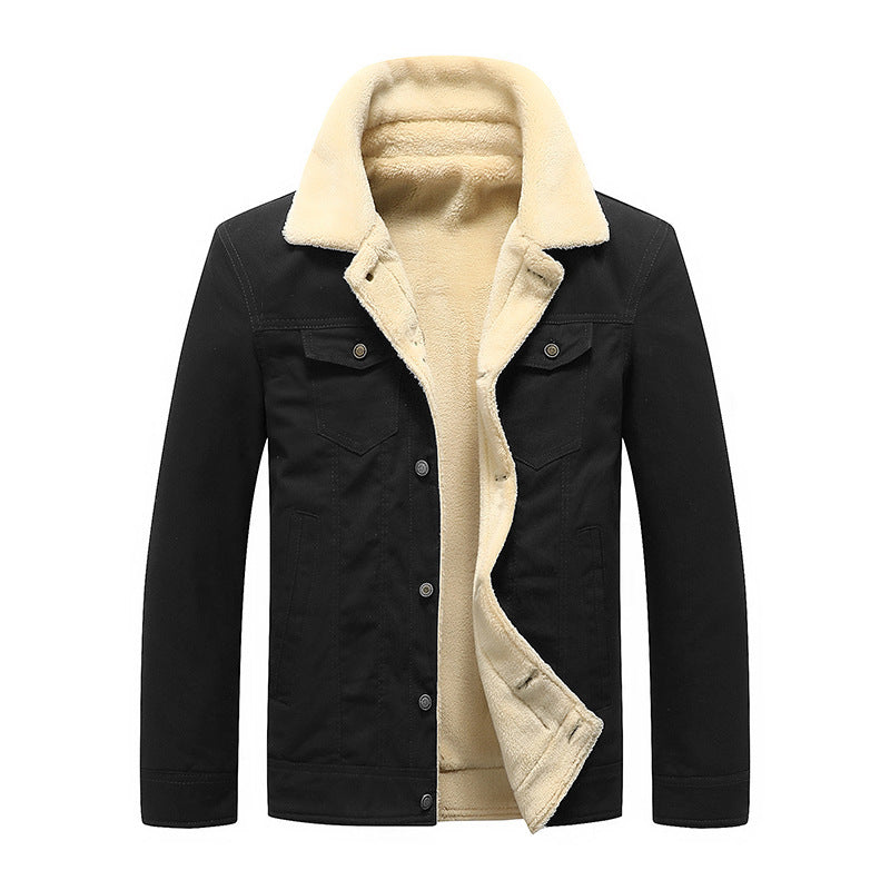 Men's Sherpa-lined canvas trucker jacket with faux fur collar and utility pockets Chichicherry