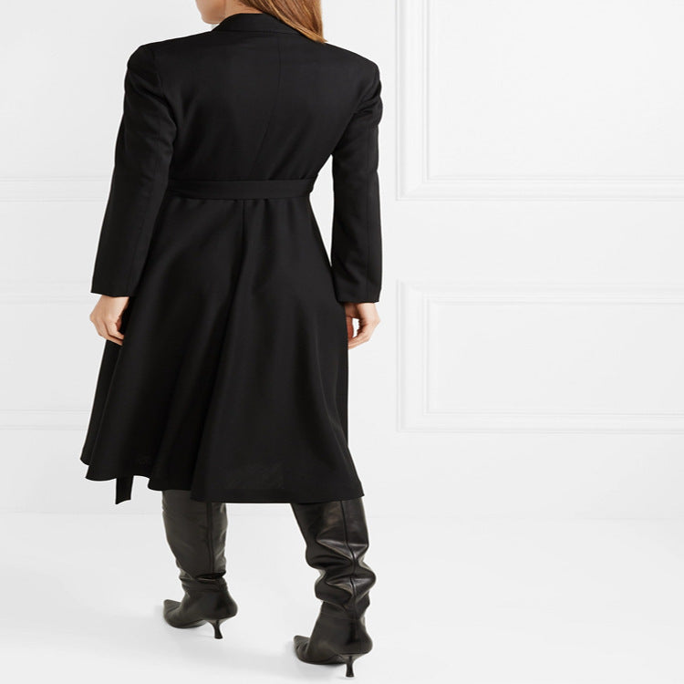 Women Wrap Midi Dress Coat in Tailoring with Shawl Collar and Tied Belt Chichicherry