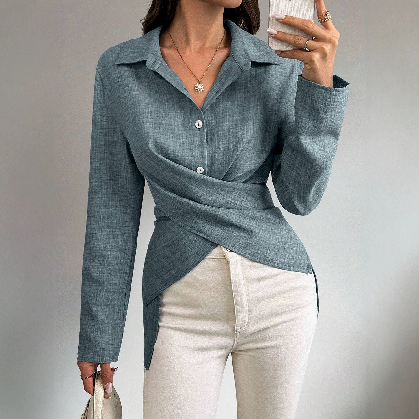 Women's wrap blouse with shirt collar, asymmetrical hem, and side slits Chichicherry