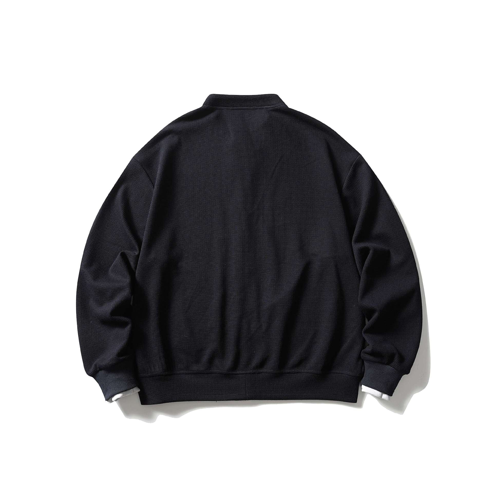 Unisex Short Cut Boxy Blouson Jacket with Waffle Structure, Stand-Up Collar and Contrast Piping Chichicherry