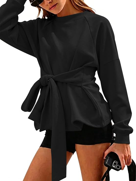 Women's Oversized Sweatshirt with Wrap Belt, Peplum and Raglan Sleeves Chichicherry