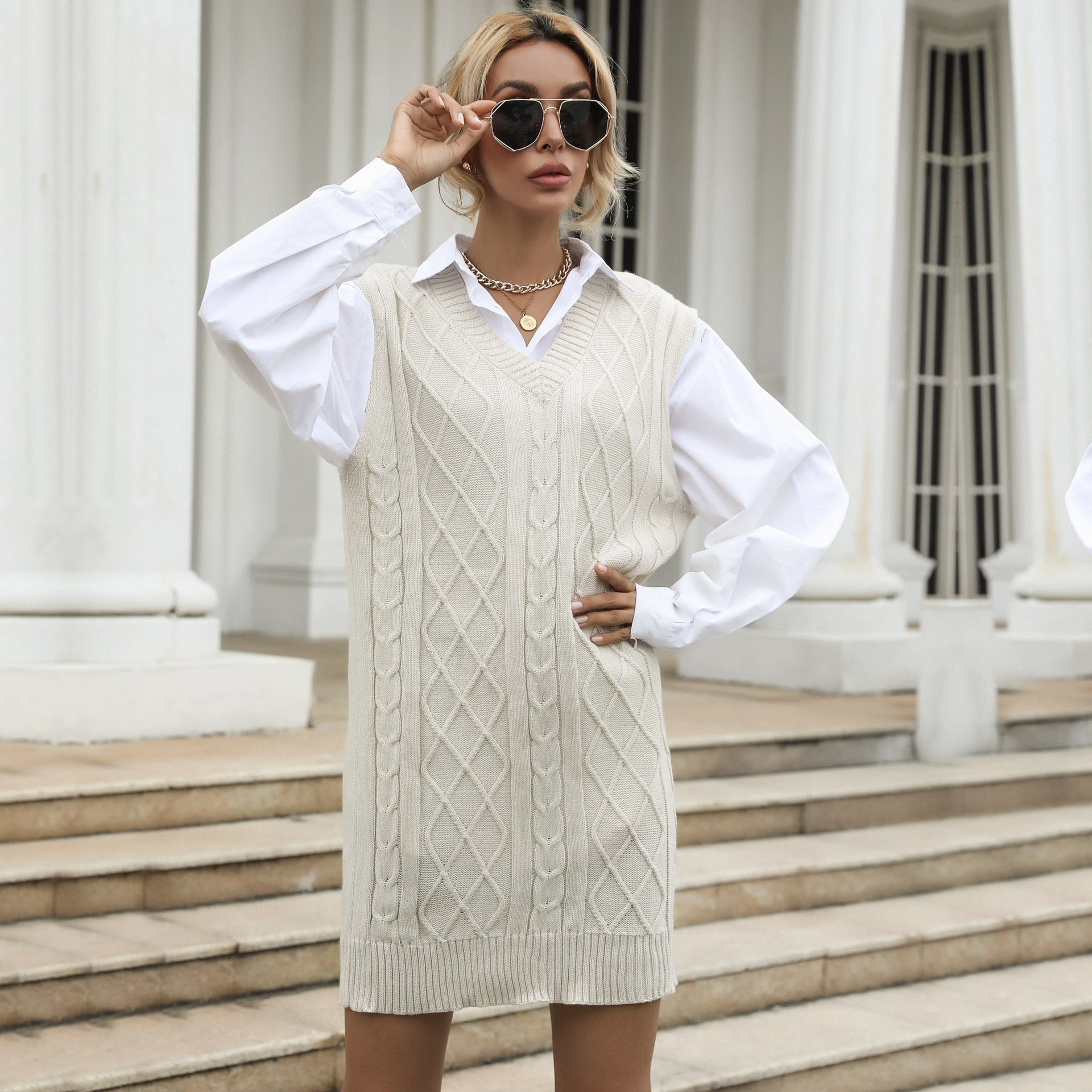 Women's Cable Knit Long Vest with V-Neck and Oversized Silhouette Chichicherry