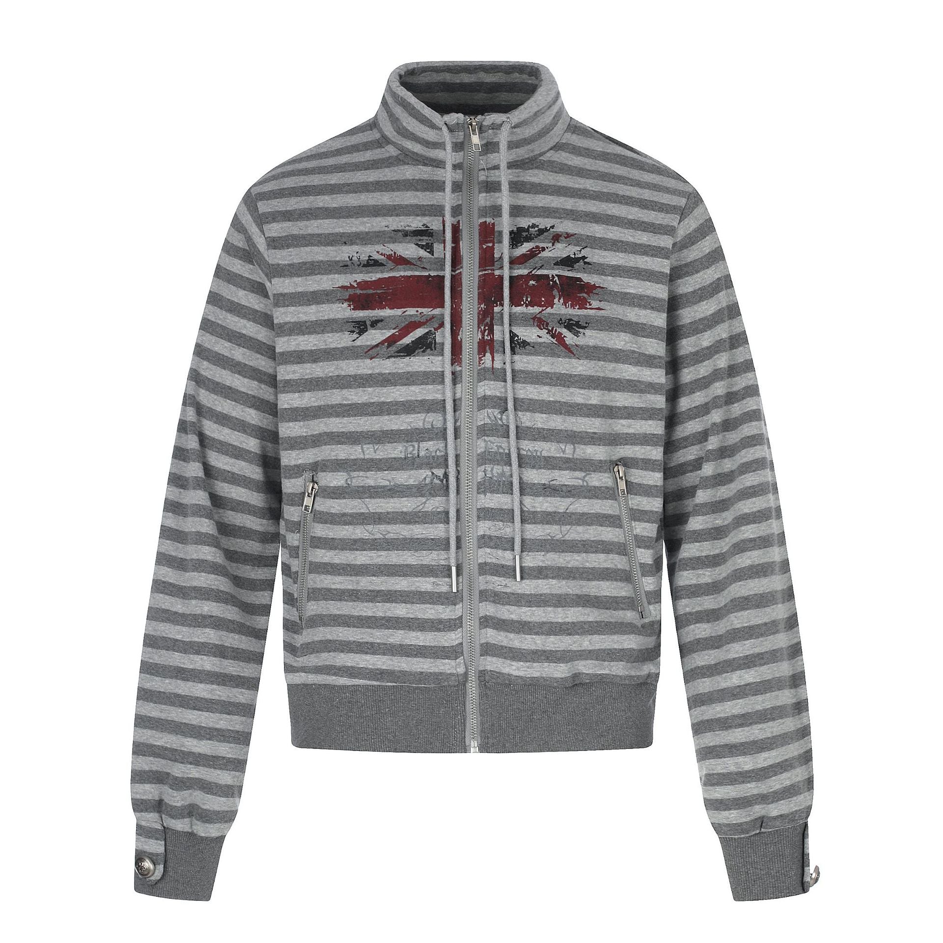 Men's Hoodless Striped Zip Blouson Jacket with Funnel Collar and Vintage Print Chichicherry