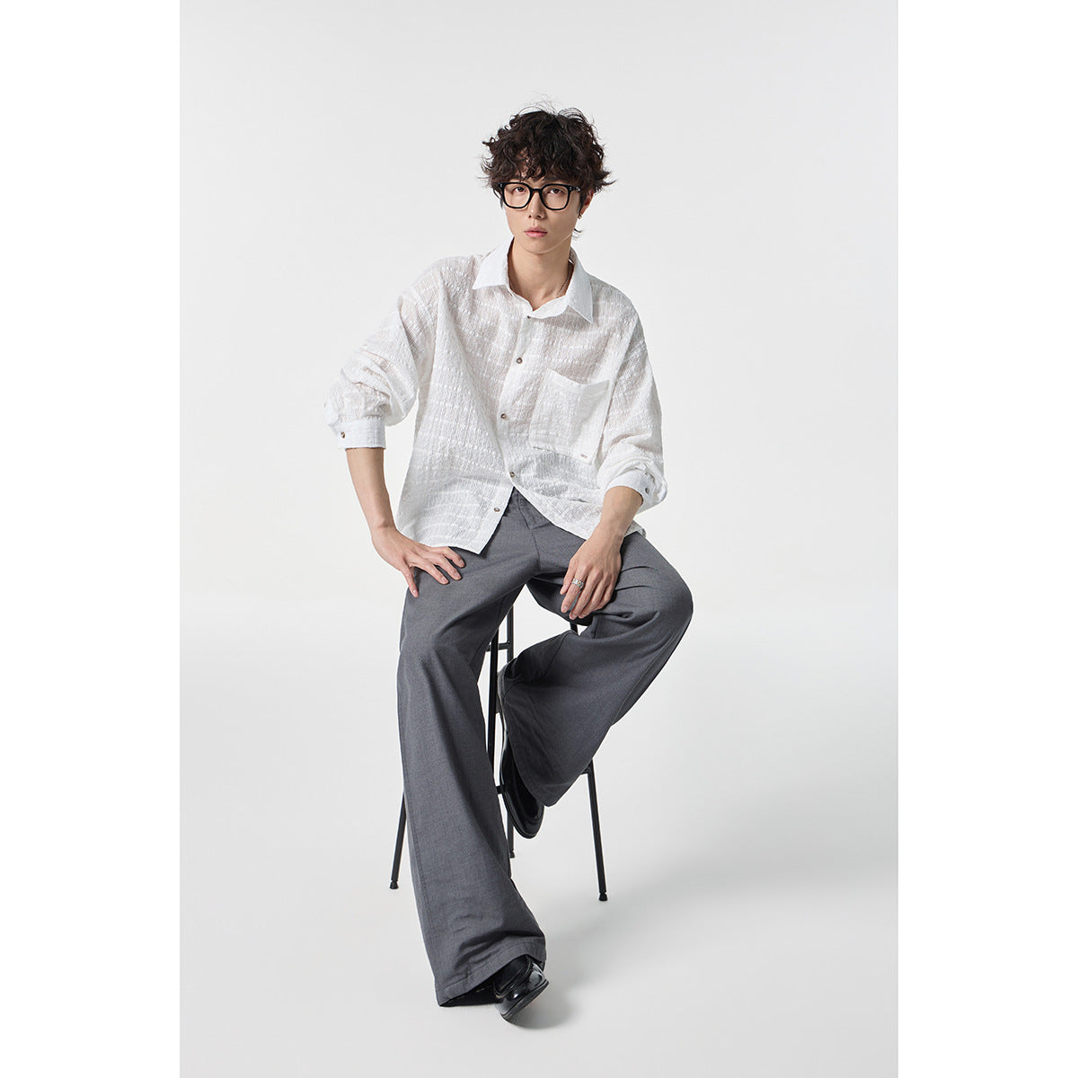 Men's Oversized Cotton-Linen Gauze Shirt with Chest Pocket and Kent Collar Chichicherry