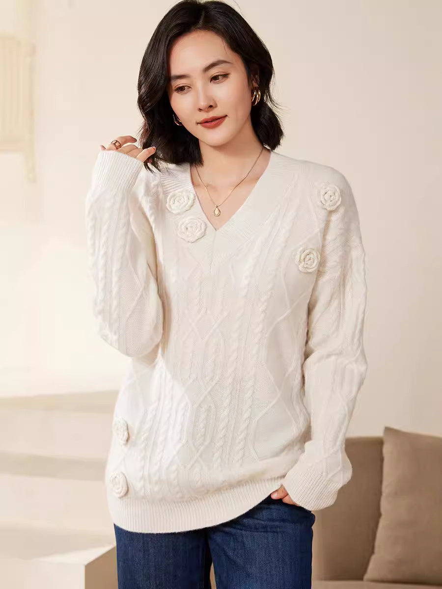 Women's cable knit V-neck sweater with three-dimensional floral appliqués made from soft wool blend Chichicherry