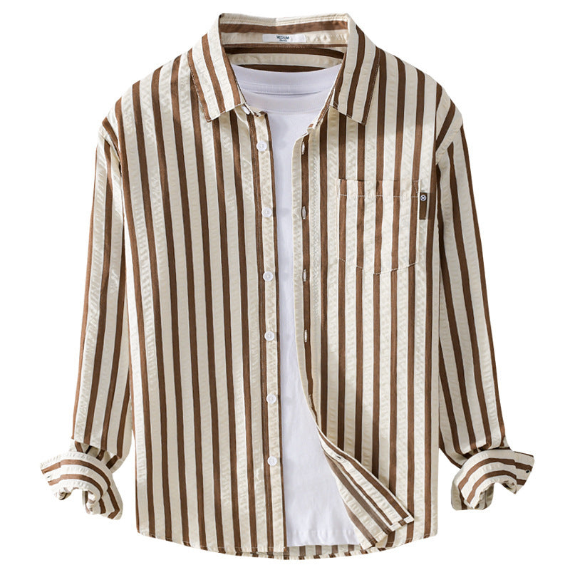 Men's Loose Shirt in Vertical Stripe Pattern made of Lightweight Cotton Blend with Kent Collar and Chest Pocket Chichicherry