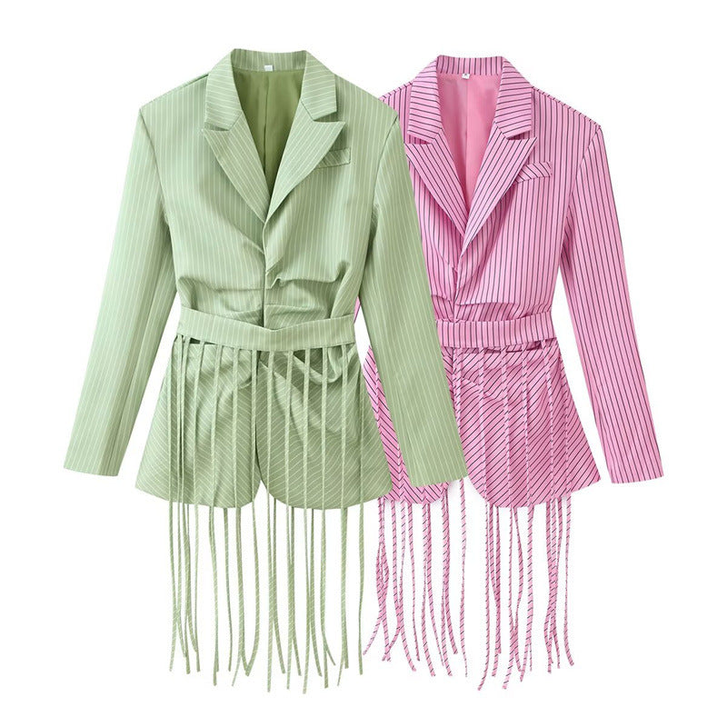 Women's tailored blazer with fringe hem and pinstripes Chichicherry
