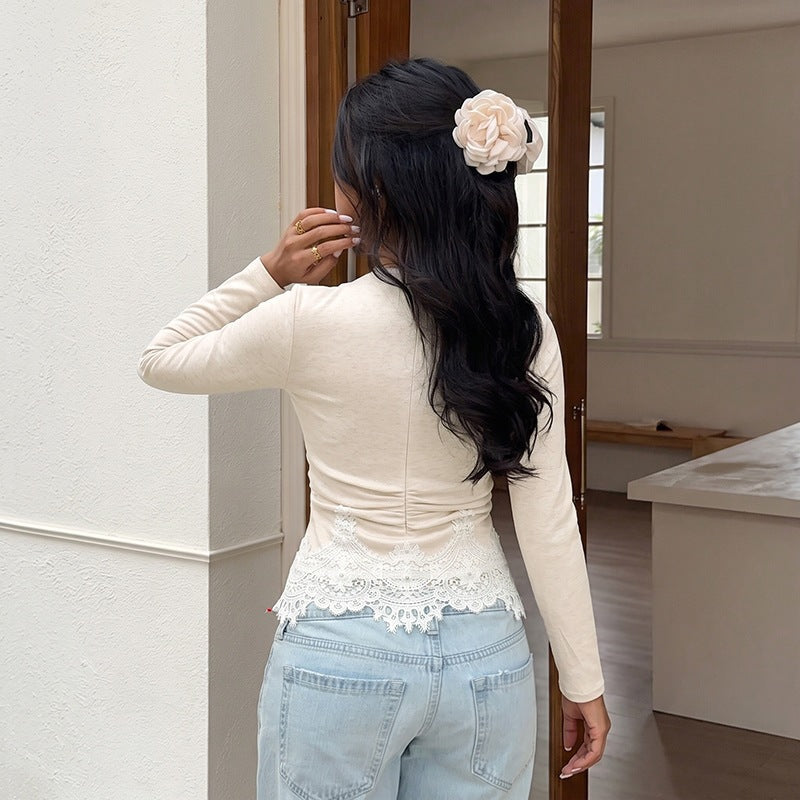 Women's Fitted Long Sleeve Shirt with Fine Lace Trim at the Hem and Round Neckline Chichicherry