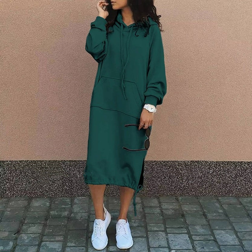 Women's Oversize Hoodie-Midi Dress with Drawstring Hem and Side Slit Details Chichicherry