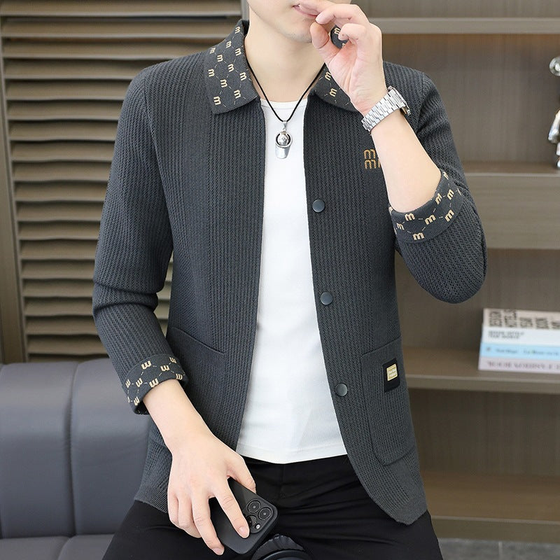 Men's Textured Knit Blazer with Patterned Collar and Button Placket Chichicherry