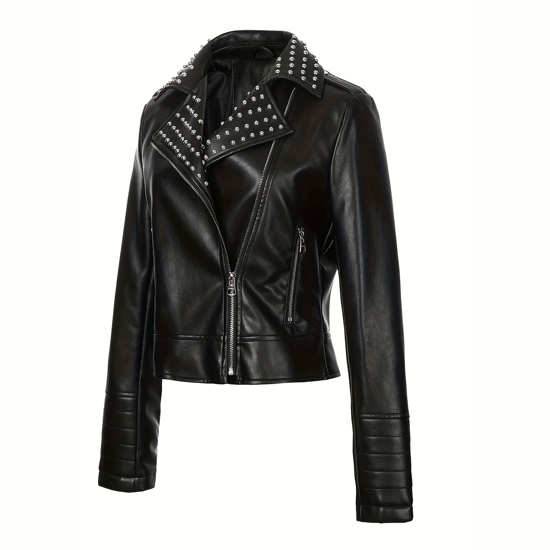 Women's Asymmetrical Biker Jacket made of Faux Leather with Studded Lapel and Quilted Arm Zone Chichicherry