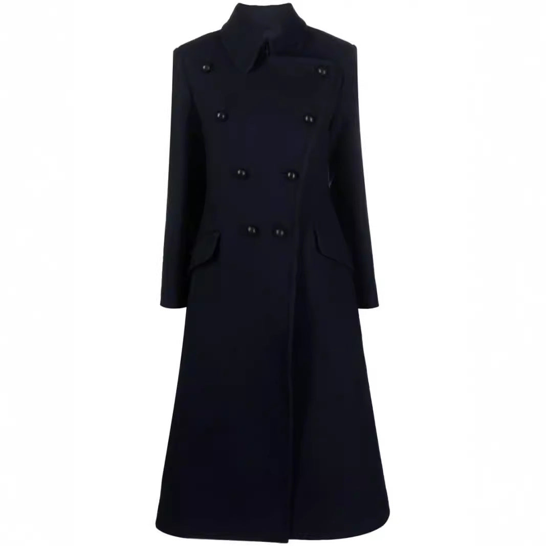 Women Double-breasted A-line Wool Blend Coat with Round Collar and Flap Pockets Chichicherry