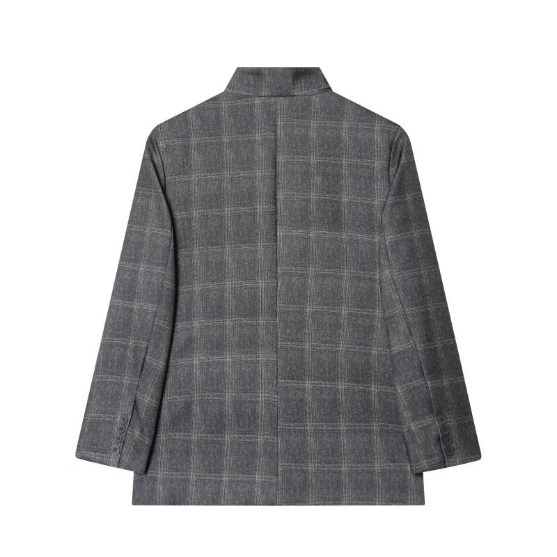 Women's tailored check blazer with stand-up collar, concealed button placket and flap pockets Chichicherry