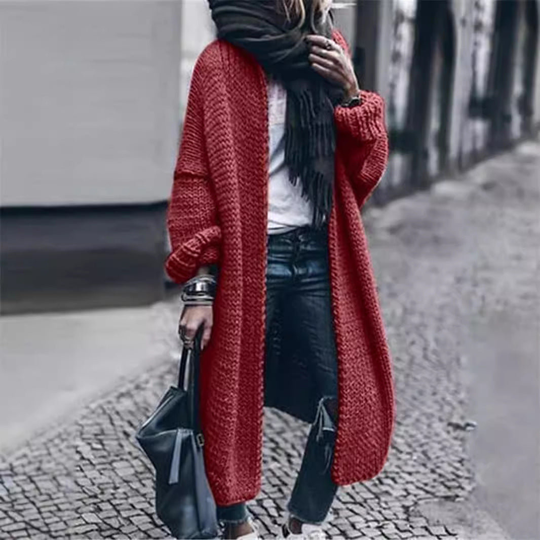 Women's Long Chunky Knit Mantle Cardigan with Drop Shoulder and Open Front Chichicherry