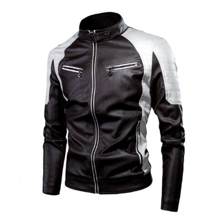 Men's Faux Leather Moto Jacket in Slim Fit with Padded Shoulder Panels and Zip Pockets Chichicherry