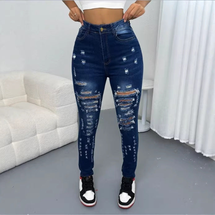 Women High-Waisted Ripped Skinny Jeans with Waist-Shaping Comfort Band Chichicherry