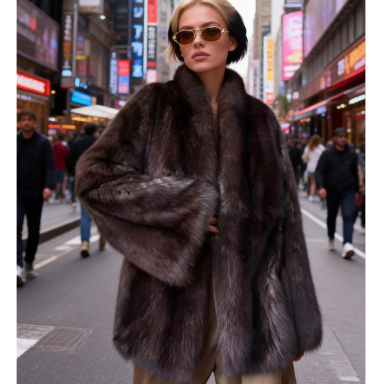 Women's Short Cut Faux Fur Coat with Shawl Collar and Straight Cut Chichicherry