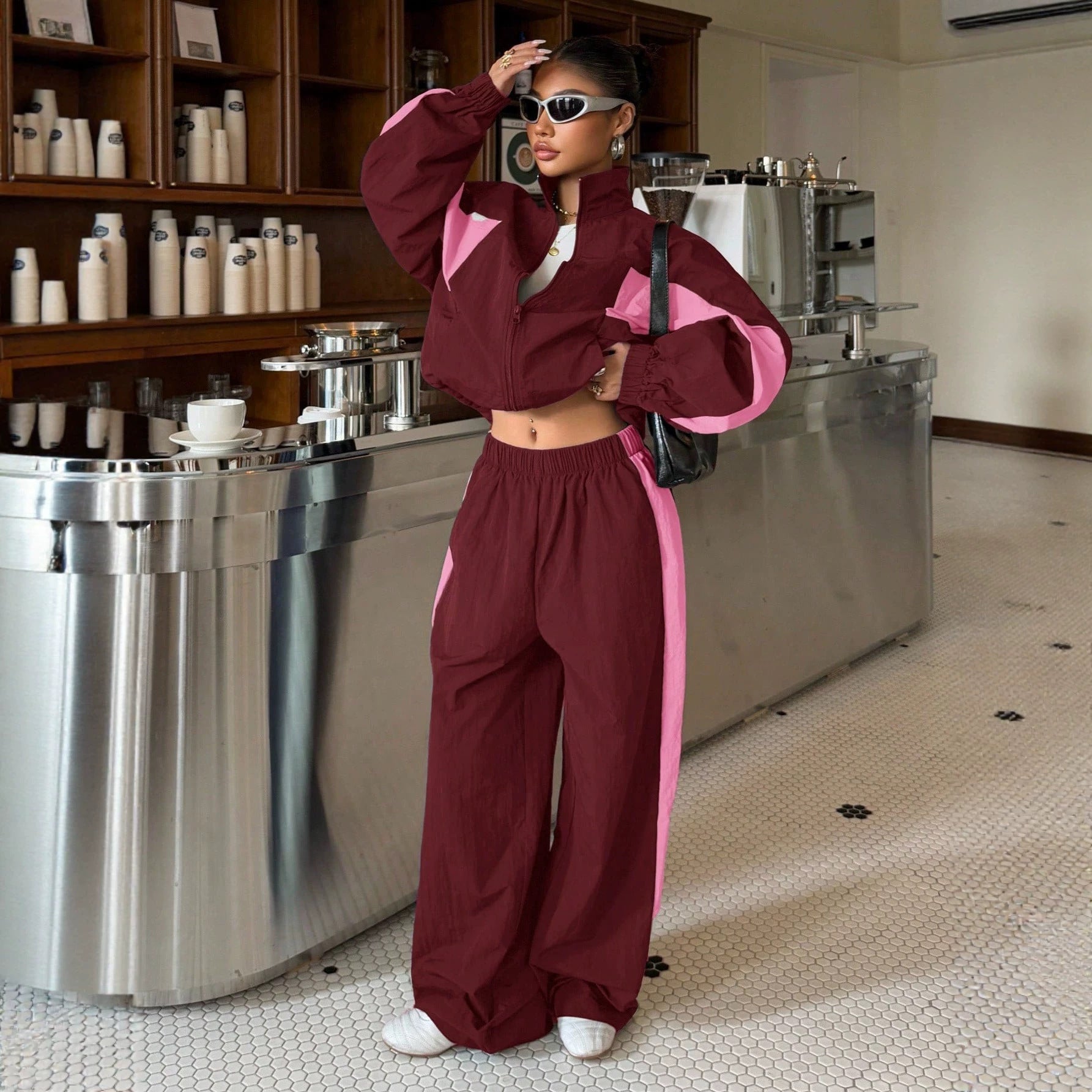 Women's Cropped Training Jacket and High-Cut Wide-Leg Jogging Pants Set Chichicherry