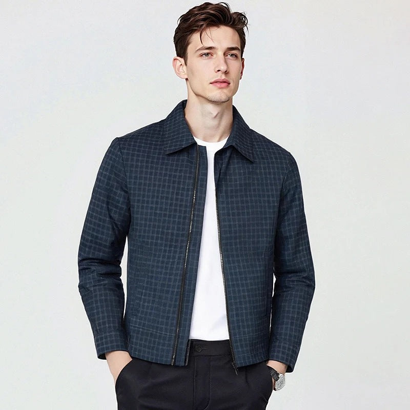 Men's Lightweight Checked Overshirt Jacket with Concealed Two-Way Zipper and Shirt Collar Chichicherry