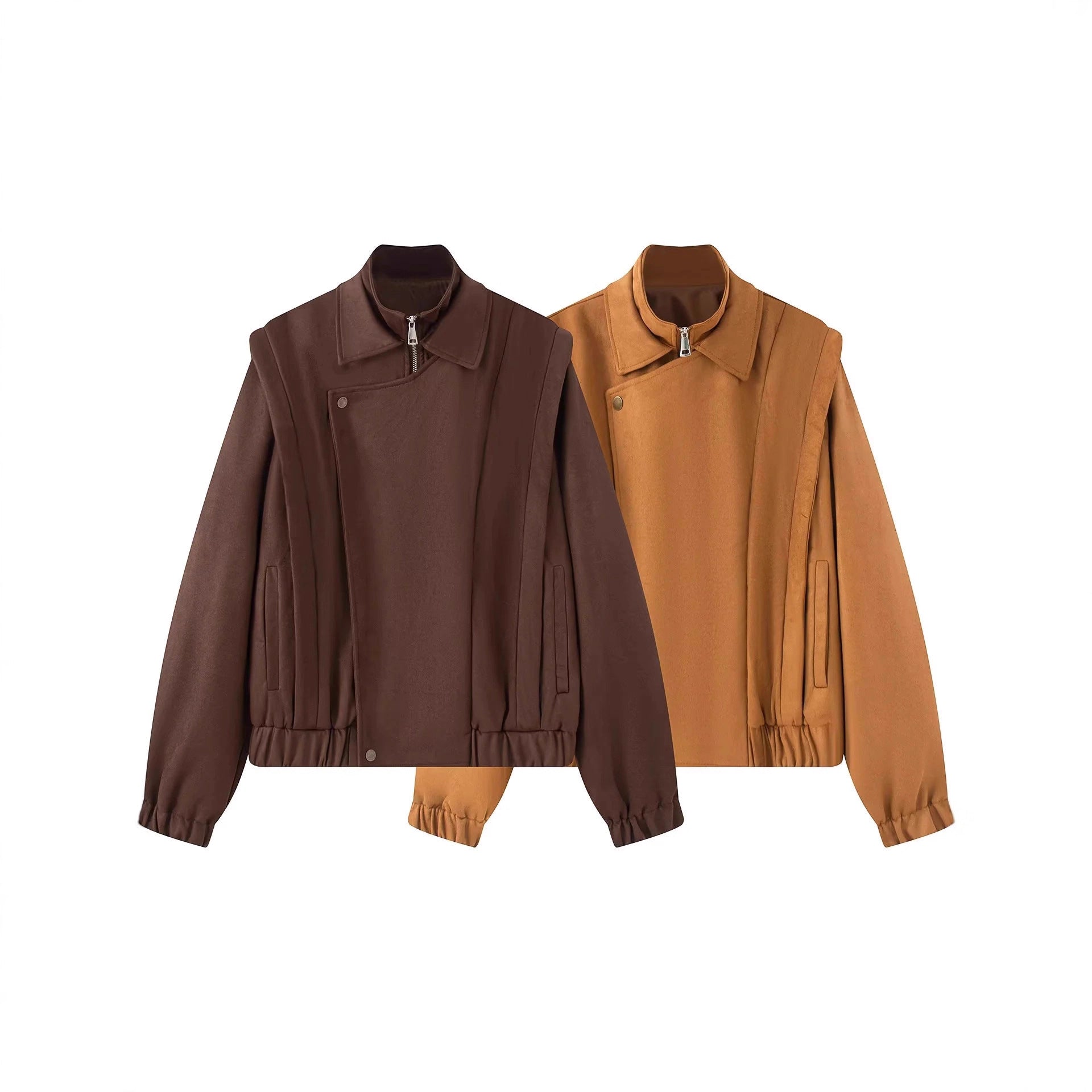 Women's short wool bomber jacket with asymmetrical zipper, stand-up collar, and elastic hem Chichicherry