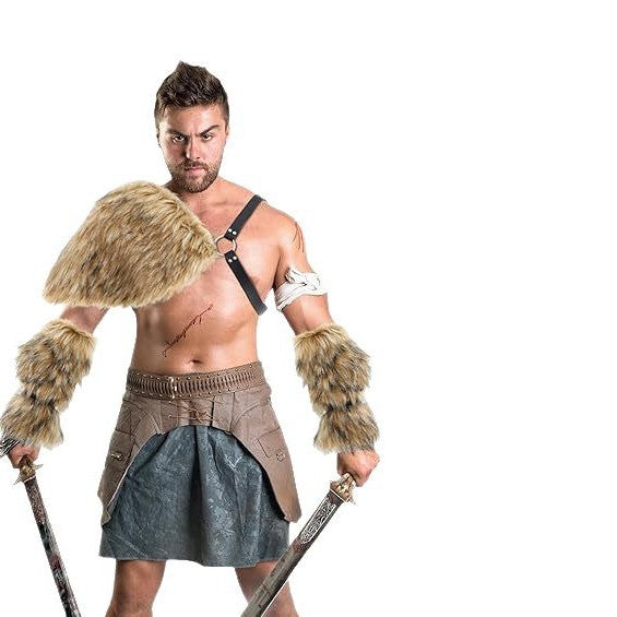 Men's Warrior Costume Accessory Set made of faux fur with shoulder drape, arm guards, and adjustable leather harness Chichicherry
