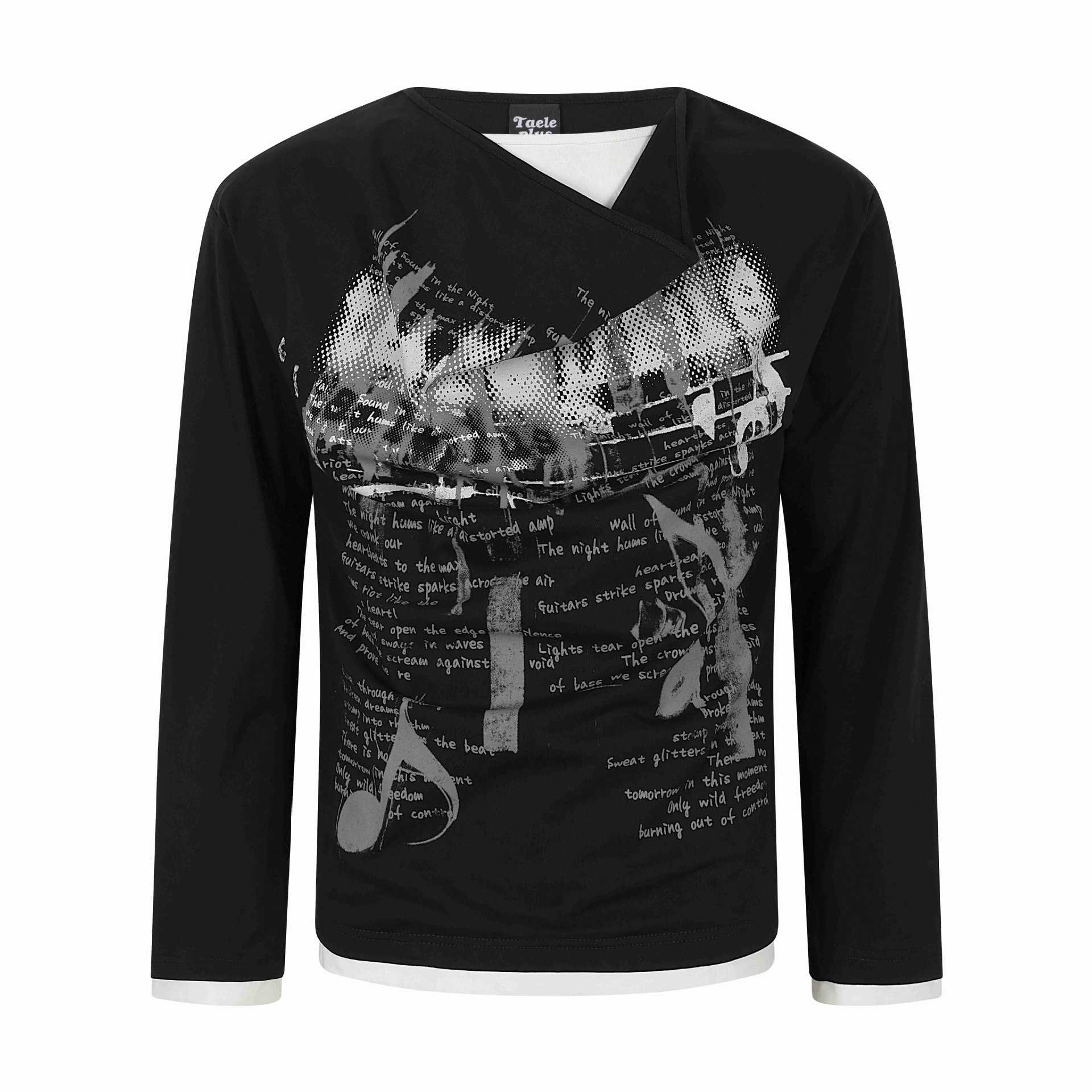 Women's long sleeve shirt with asymmetric tube collar and graphic music print Chichicherry