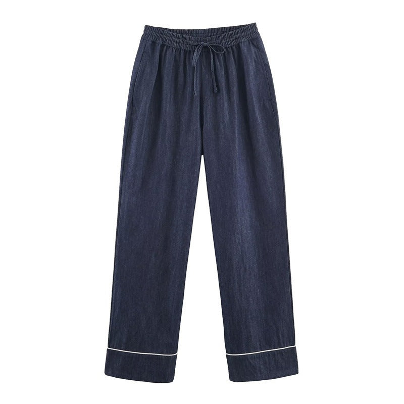 Women's Loose Fit Denim Pants with Elastic Waistband and Drawstring Chichicherry