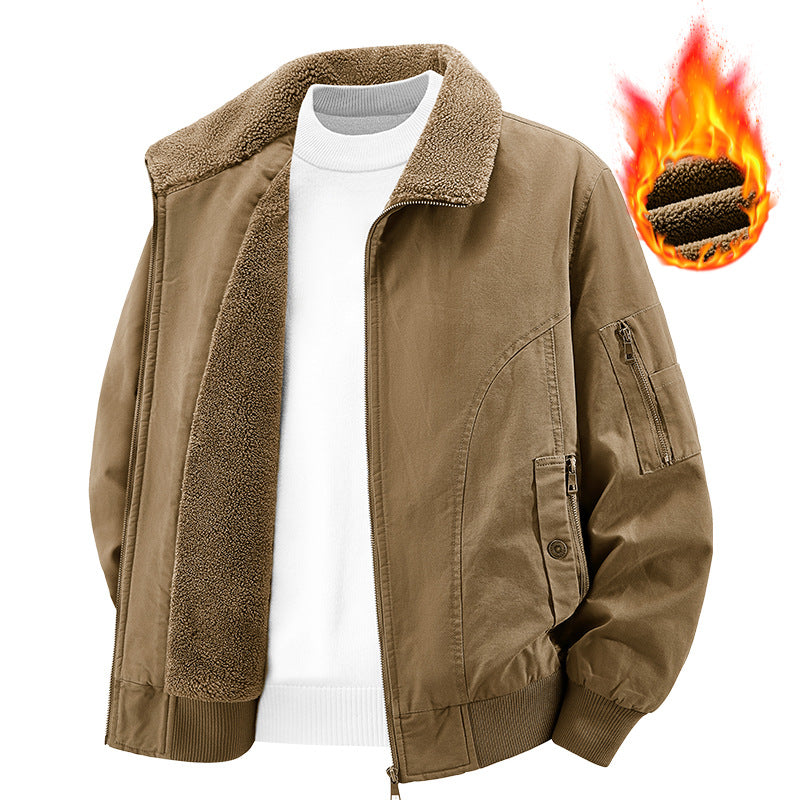 Men's Thermal Bomber Jacket in Vintage Style with Teddy Plush Lining and Multiple Pockets Chichicherry