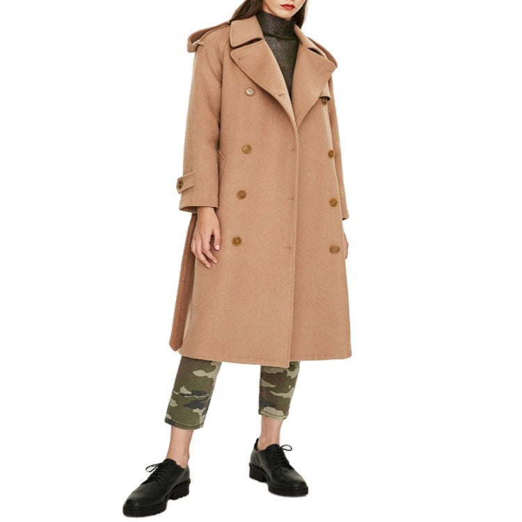 Women's Mid-Length Double-Breasted Wool Blend Trench Coat with Epaulettes and Belt Chichicherry