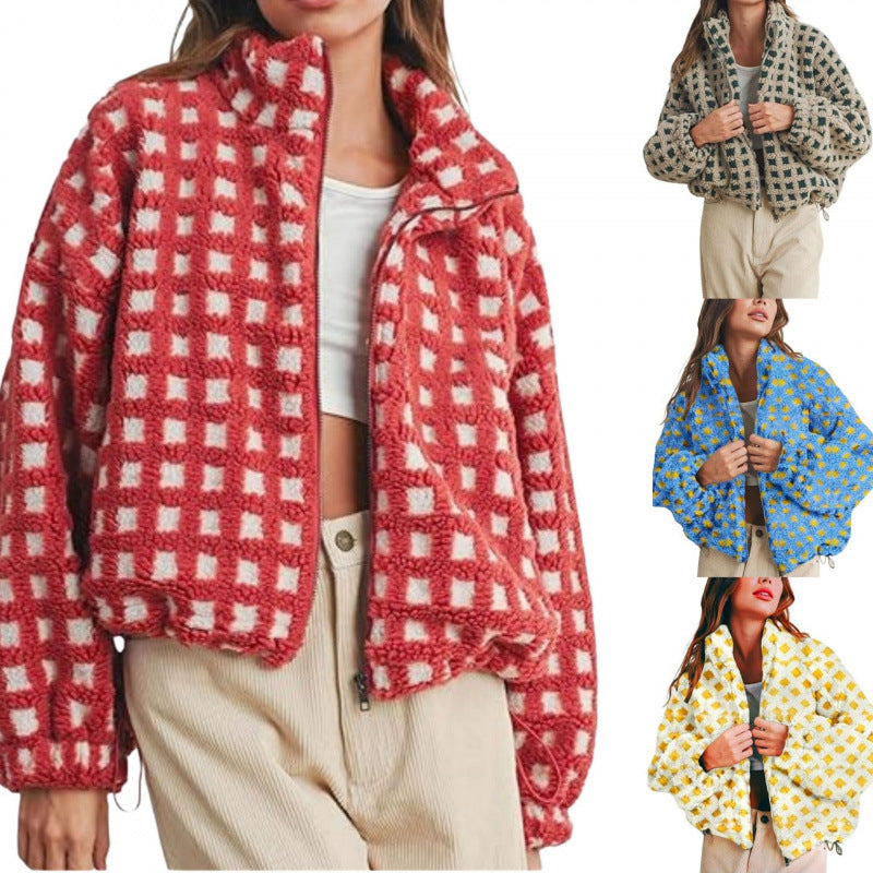 Ladies short-cut Sherpa fleece jacket with geometric pattern and drawstring Chichicherry
