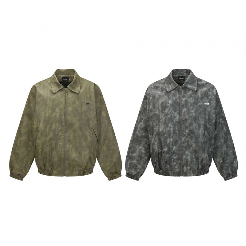Men's Short Cut Suede-Look Bomber Jacket with Zipper and Elastic Hem Chichicherry
