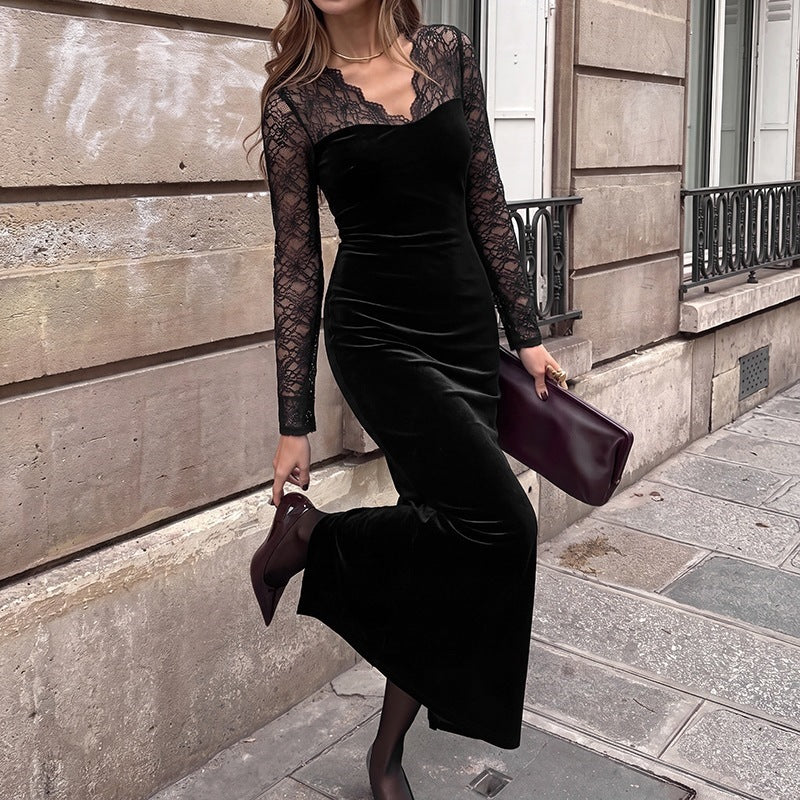 Women's evening dress with transparent lace sleeves, velvet skirt, and illusion heart neckline Chichicherry