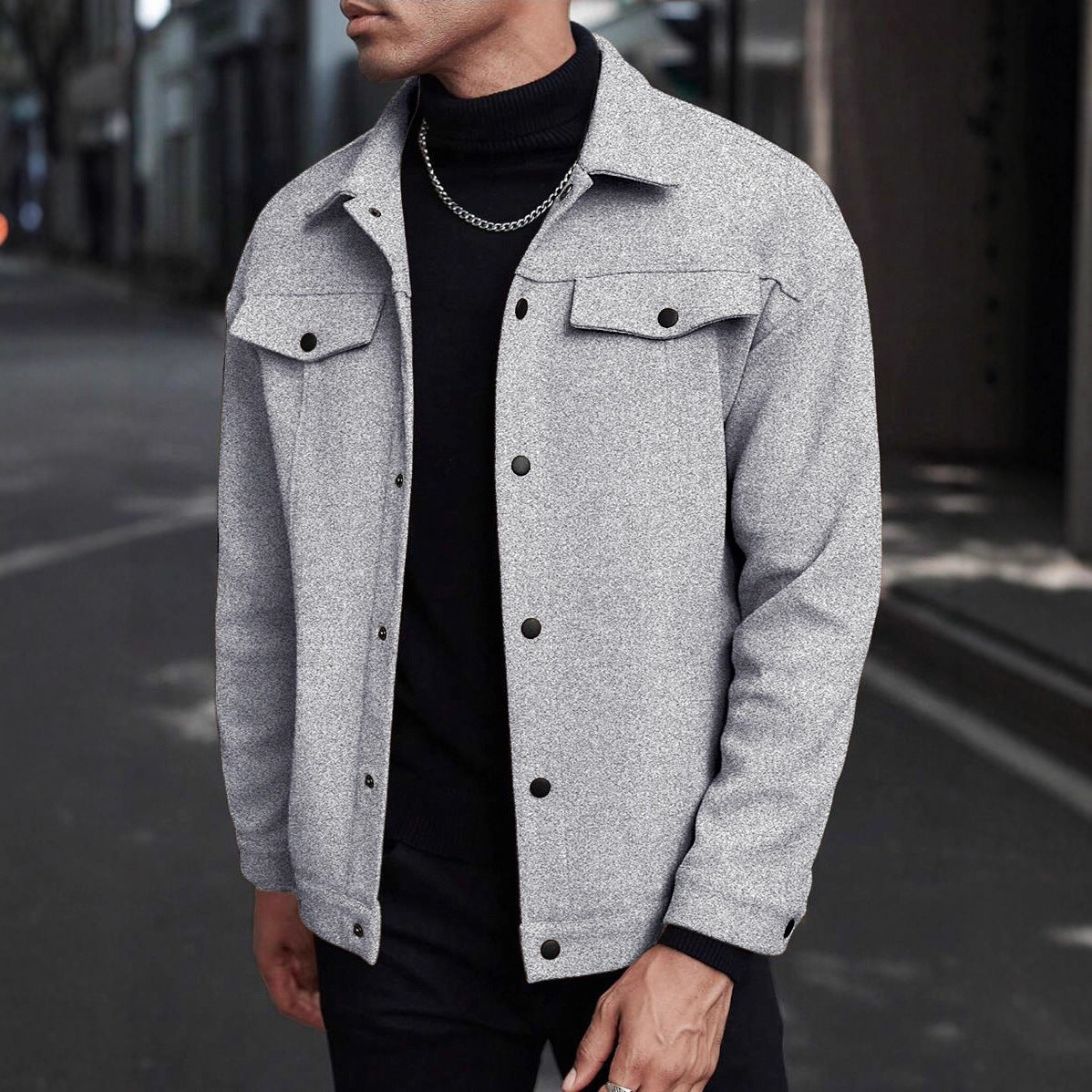 Men's Overshirt Jacket in Trucker Style with Wool Blend Look and Snap Buttons Chichicherry