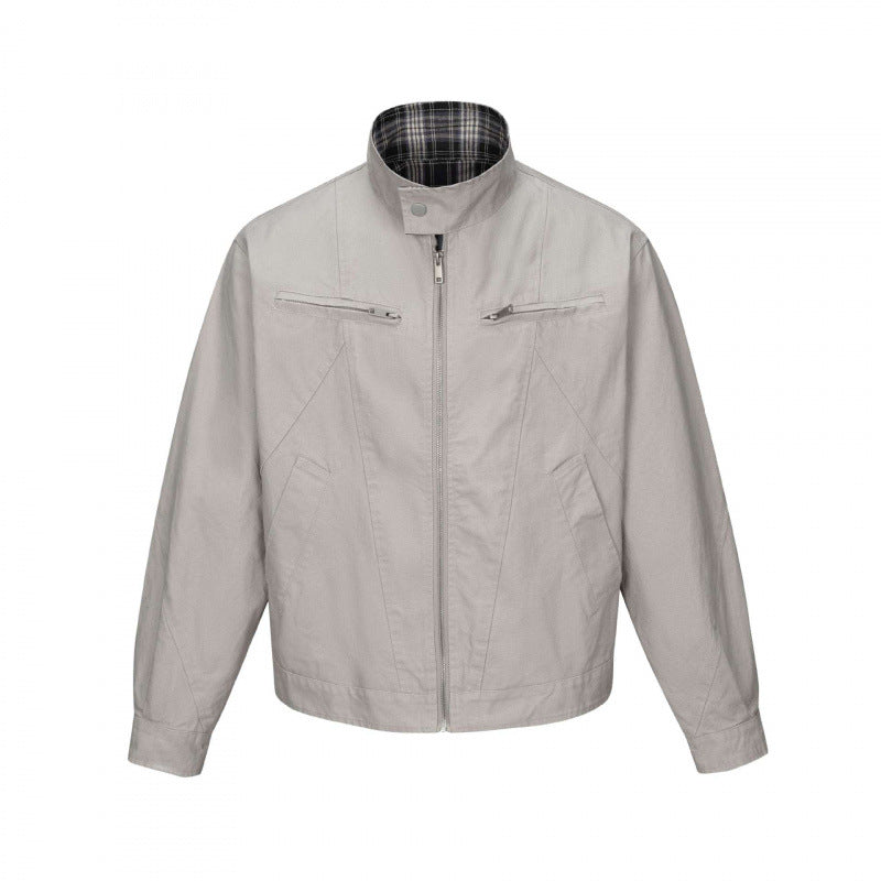 Men's cropped canvas blouson jacket with stand-up collar, zippered pockets, and checkered lining Chichicherry