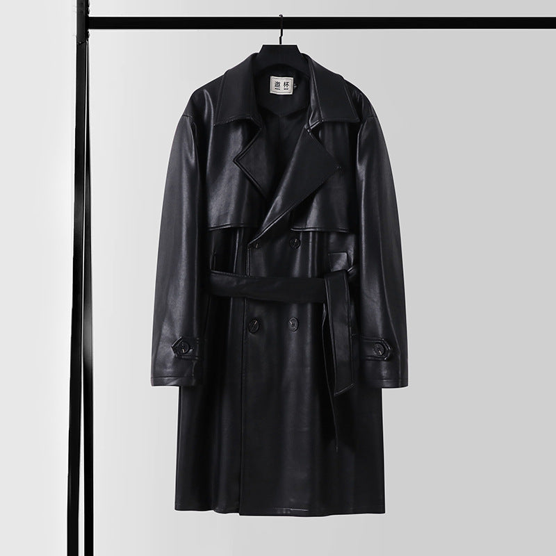 Men's Faux Leather Trench Coat with Double-Breasted, Oversized Cut and Cuff Straps Chichicherry