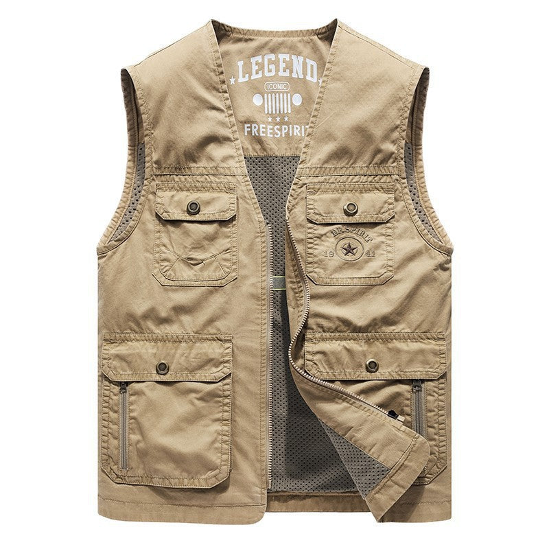 Men's Canvas Utility Vest with Multi Pockets and Mesh Lining Chichicherry