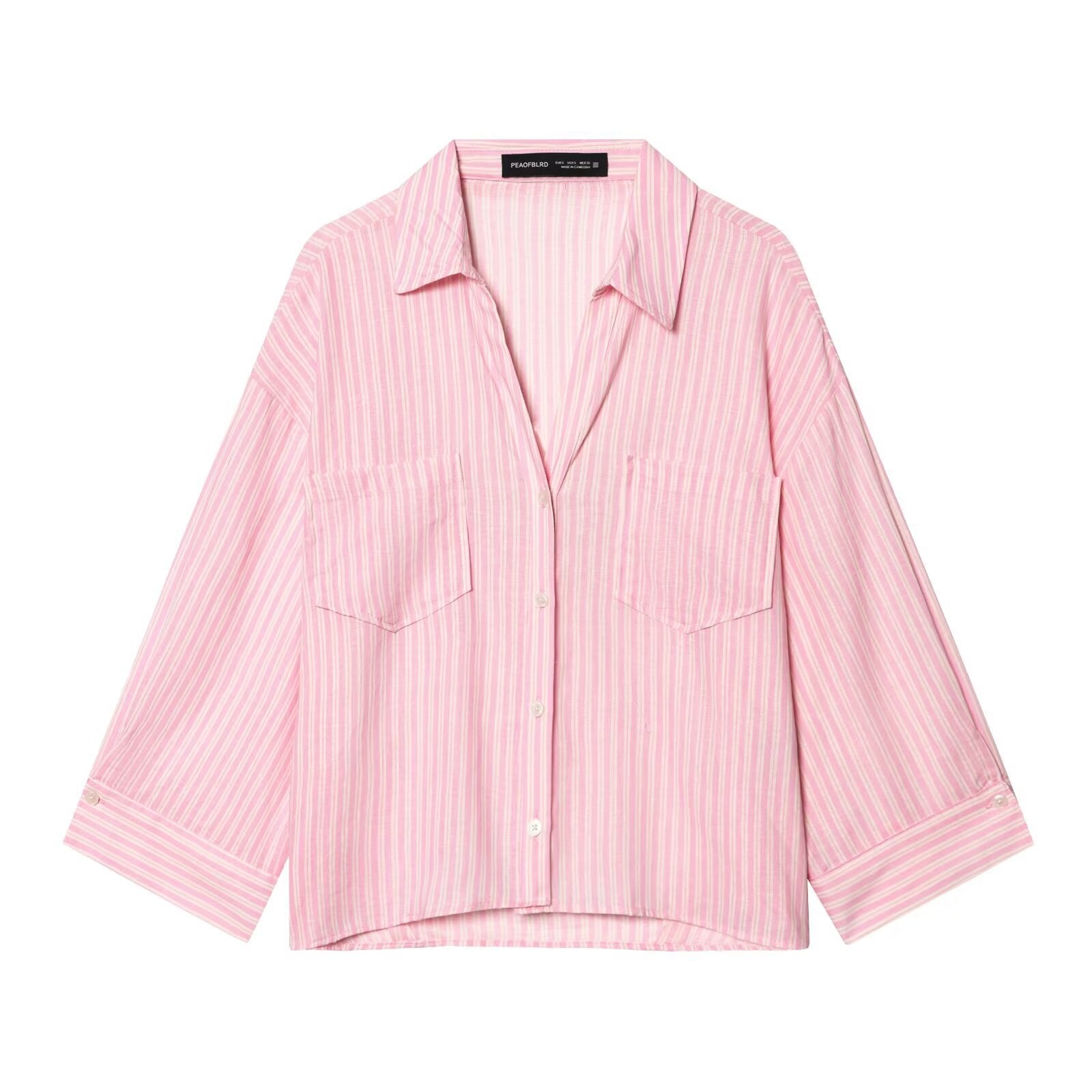 Women's Oversized Shirt Blouse with Chest Pockets, Three-Quarter Sleeves, and Curved Back Hem Chichicherry
