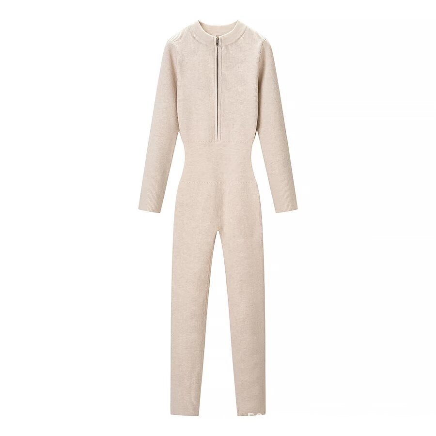 Women's figure-hugging knitted overall with stand-up collar and front zipper Chichicherry