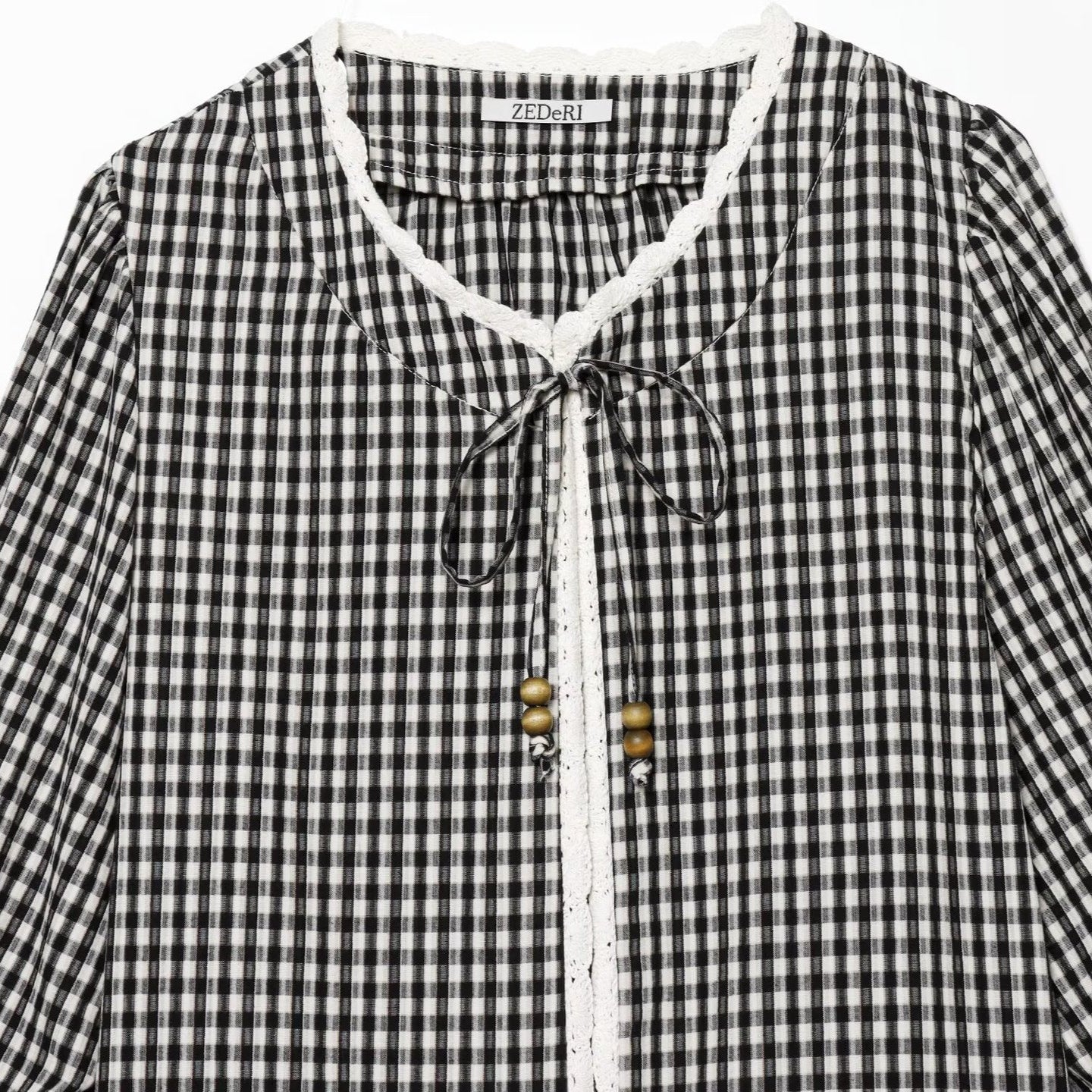 Women Checked Blouse Jacket with Crochet Edge, Tie Band and Three-Quarter Sleeves Chichicherry