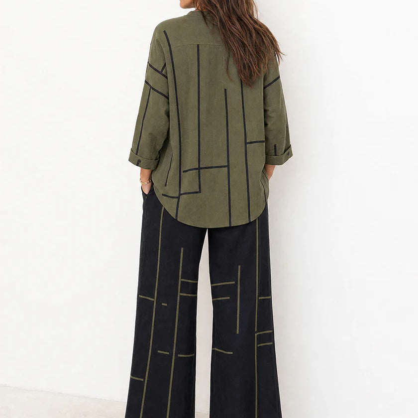 Women Loose Shirt Blouse and Palazzo Pants Set in Linen Look Chichicherry