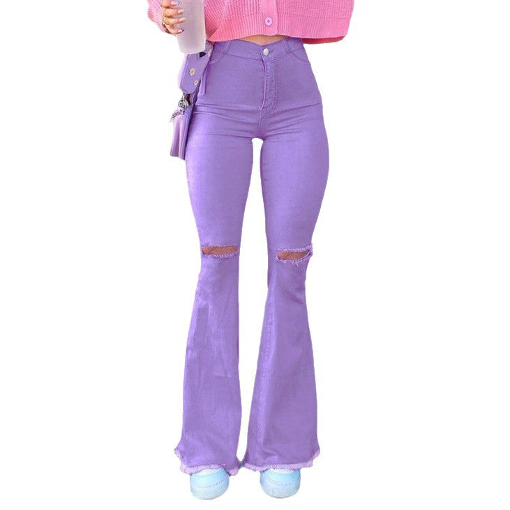Women High-Rise Stretch Flared Jeans with Knee Rips, Flared Leg and Raw Hem Chichicherry