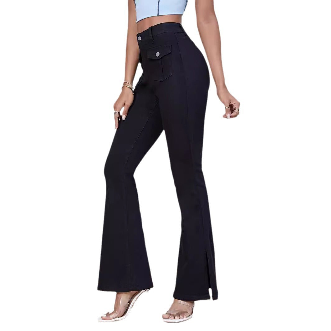 Women High-Waist Flared Trousers made of Stretch Denim with Pocket Flaps and Front Slit Chichicherry