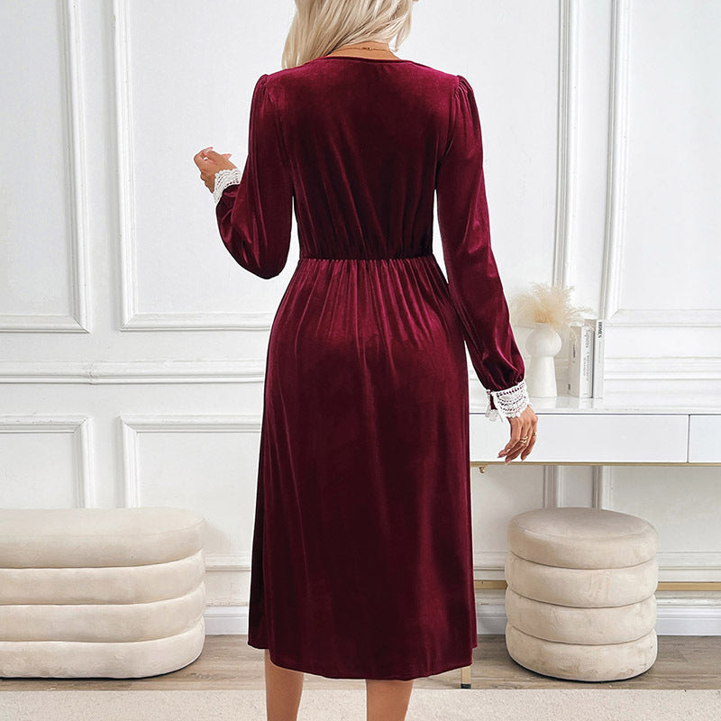 Women's velvet midi dress with lace decoration, V neckline and fitted empire silhouette.