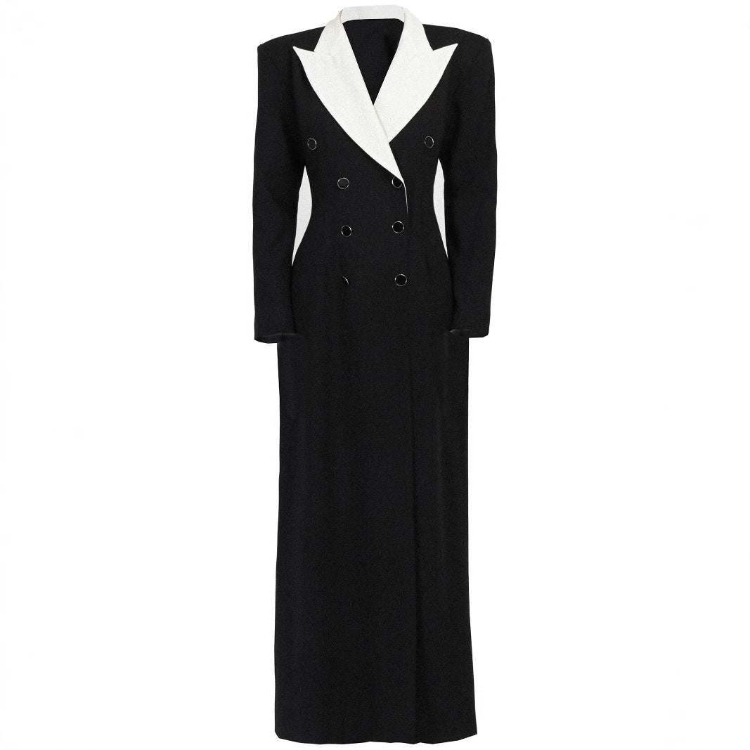 Women's Double-Breasted Long Blazer Dress with Tailored Silhouette and Contrast Lapels Chichicherry