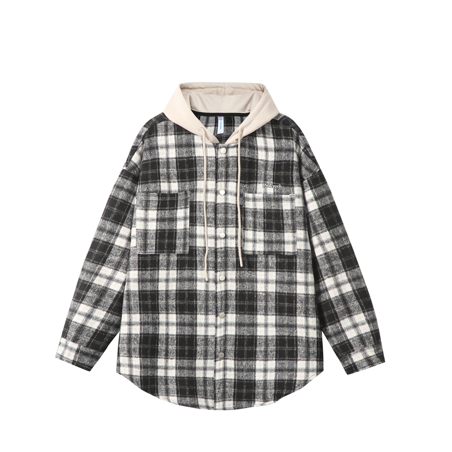 Unisex Oversized Check Shirt Jacket with Hood, Snap Buttons and Chest Pocket Chichicherry