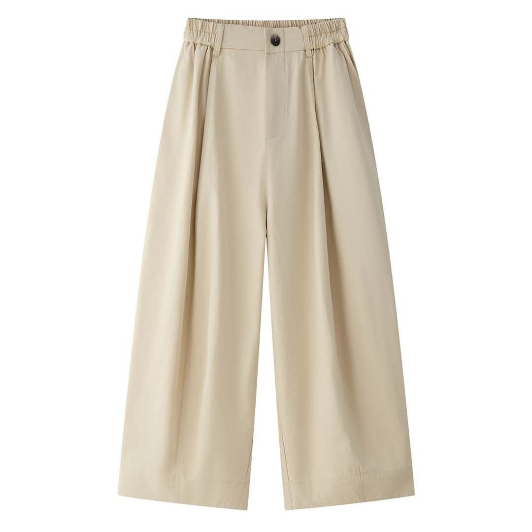 Women Wide High-Waist Pleated Culotte Pants with Subtle Button Placket Chichicherry