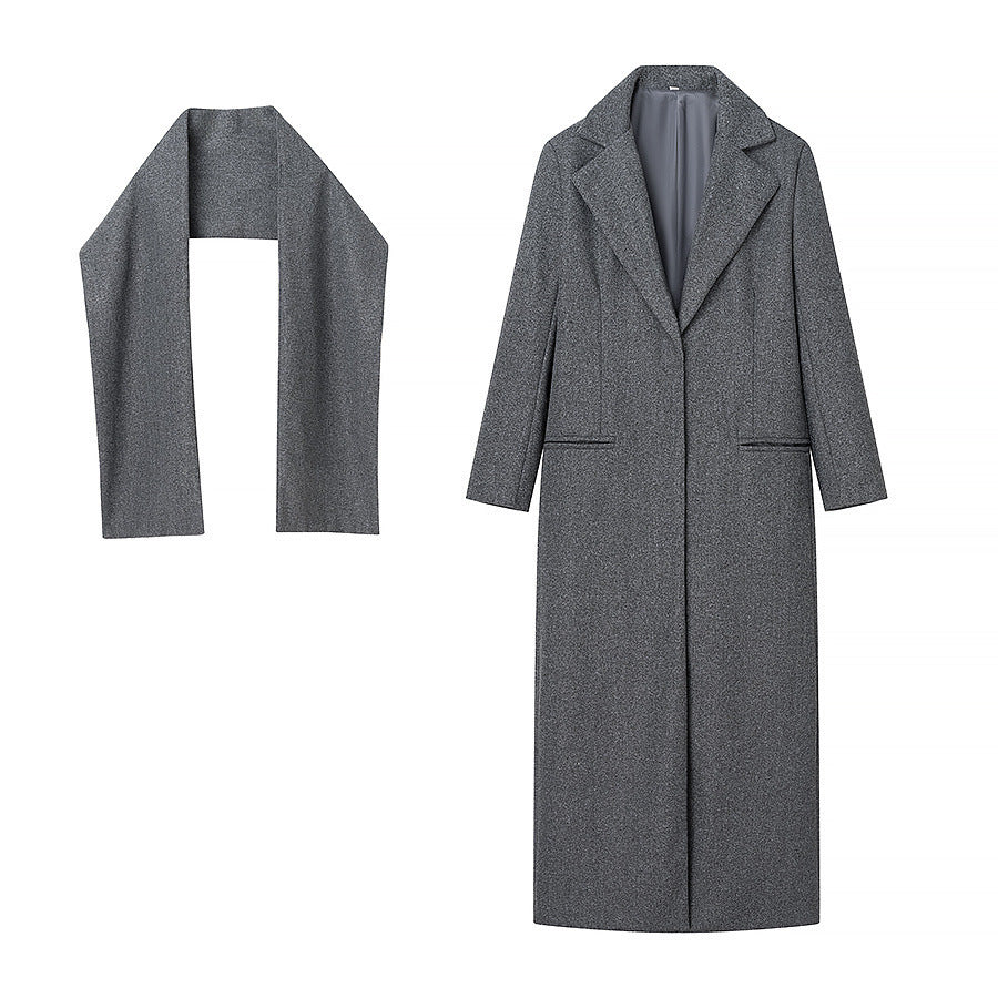 Women’s Maxi Length Wool Mix Coat with Integrated Loop Scarf and Clean Lapel Chichicherry