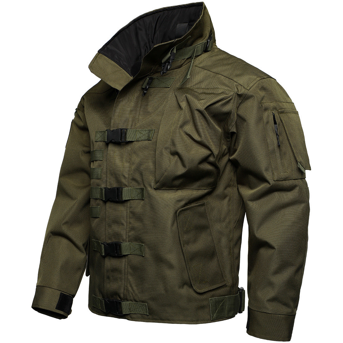 Men's Tactical Field Jacket with Modular Snap Closures and Stowable Hood Chichicherry