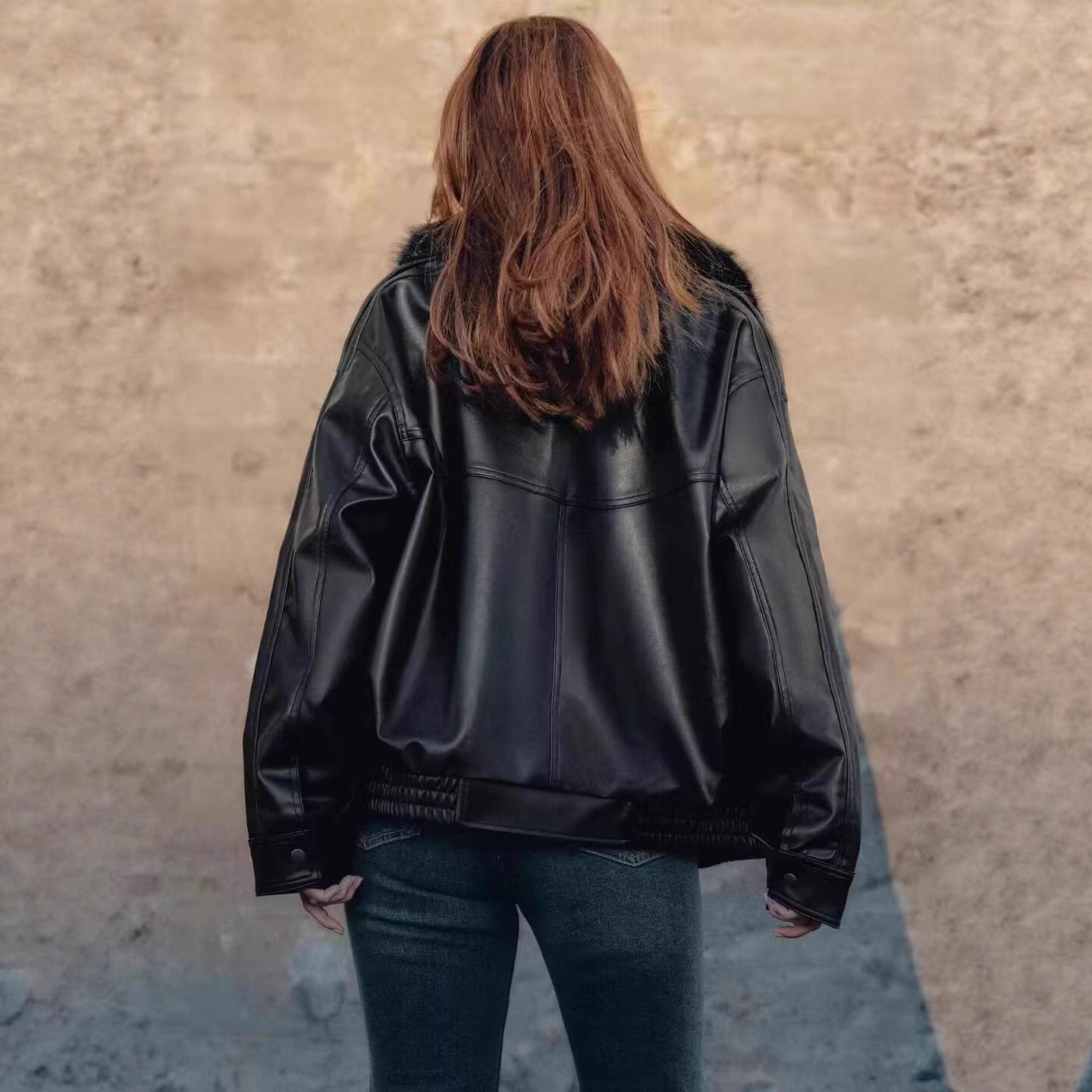 Ladies Oversized Faux Leather Bomber Jacket with Cozy Faux Fur Collar and Applied Flap Pockets Chichicherry