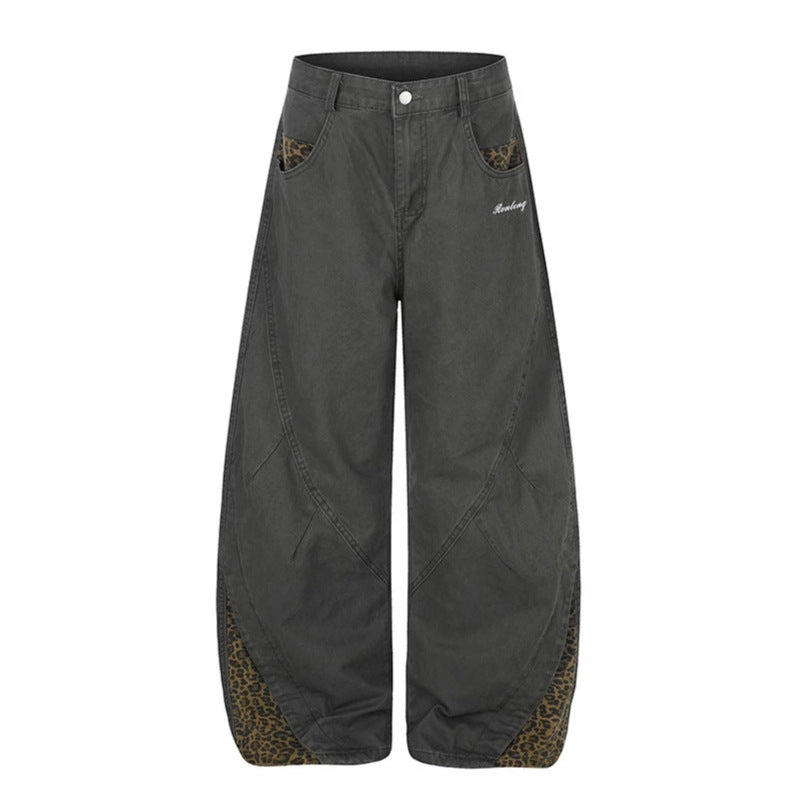 Women's Wide High-Waist Palazzo Jeans with Leopard Inserts and Side Pockets Chichicherry